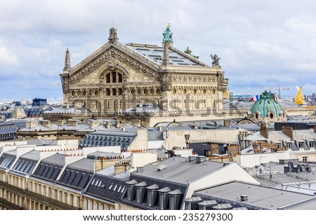 Panorama of Paris - Opera Garnier in the background. Palais Garnier is a 1,979 seat opera house, which was built in 1875 for Paris Opera. View from Printemps store. France.