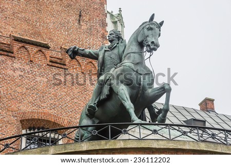 Tadeusz Kosciuszko monument near the castle entrance. Wawel castle in Krakow. Poland.