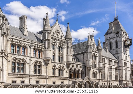 Royal Courts of Justice in the Victorian Gothic style (Law Courts, designed by George Edmund Street, was opened by Queen Victoria in December 1882) in London, UK.