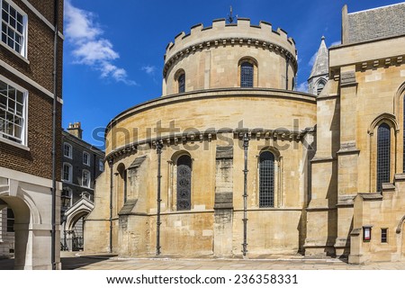 Temple Church (a late 12 century) was originally the precinct of the Knights Templar whose Temple Church was named in honor of Solomon\'s Temple in Jerusalem. London, England.