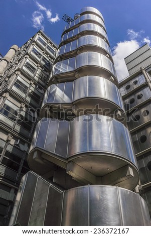 LONDON, UK - JUNE 03, 2013: View of Buildings Lloyd (or Inside-Out Building) home of insurance institution Lloyd of London. Like Pompidou Centre in Paris Buildings Lloyd was designed by Rogers (1986).