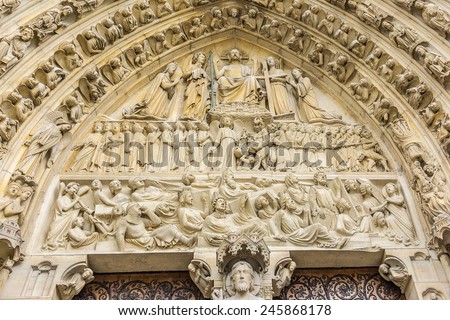 Last Judgement Portal at main entrance. West facade of cathedral Notre Dame de Paris. Notre Dame - most famous Gothic, Roman Catholic cathedral (1163 - 1345) on eastern half of Cite Island. France.
