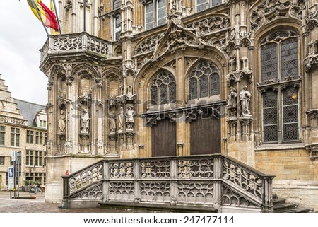 Architectural fragments of City Hall (1616) - probably most popular spot in Ghent. Both interior and exterior of Ghent City Hall faces many different styles of architecture from Gothic to Renaissance.