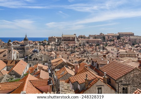 Dubrovnik panorama with traditional Mediterranean medieval houses with red tiled roofs. Dubrovnik on Adriatic Sea is one of most prominent tourist destinations, UNESCO World Heritage Site. Croatia.