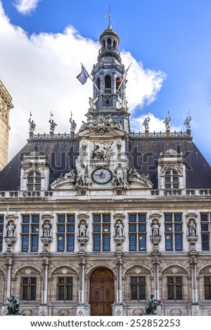 Hotel-de-Ville (City Hall) in Paris - building housing City of Paris\'s administration. Building was constructed between 1874 -1882, architects Theodore Ballou and Edouard Deperta. France.