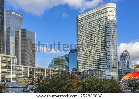 PARIS, FRANCE - NOVEMBER 12, 2014: Skyscrapers in business district of Defense to the west of Paris. Defense is biggest business district in France and most of large companies have offices here.
