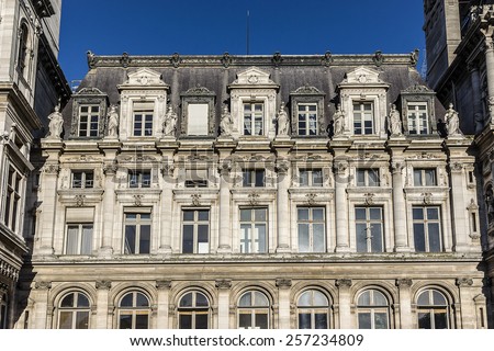 Hotel-de-Ville (City Hall) in Paris - building housing the City of Paris\'s administration. Building was constructed between 1874 and 1882 by architects Theodore Ballou and Edouard Deperta. France.