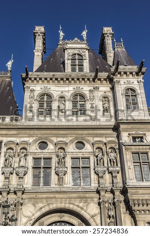 Hotel-de-Ville (City Hall) in Paris - building housing the City of Paris's administration. Building was constructed between 1874 and 1882 by architects Theodore Ballou and Edouard Deperta. France.