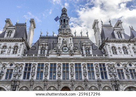 Hotel-de-Ville (City Hall) in Paris - building housing City of Paris's administration. Building was constructed between 1874 -1882, architects Theodore Ballou and Edouard Deperta. France.