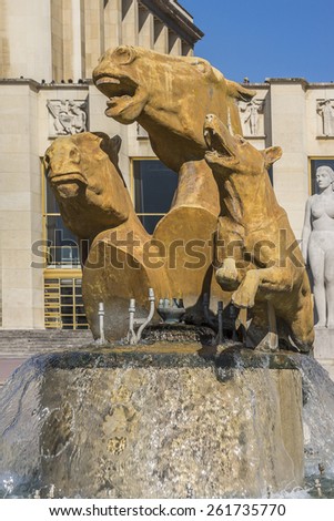 Animals in fountain of Trocadero gardens. Trocadero is area of Paris on banks of Seine not far from famous Eiffel Tower. On a hilltop in 1937 built a new palace - Palais de Chaillot. Paris, France.
