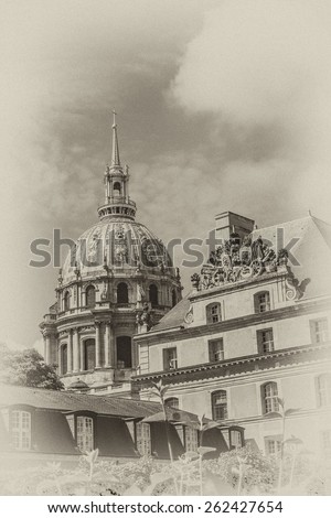 Les Invalides (National Residence of Invalids) - complex of military history museum of France and tomb of Napoleon Bonaparte. At 1860, Napoleon\'s remains bury in here. Paris. Antique vintage.
