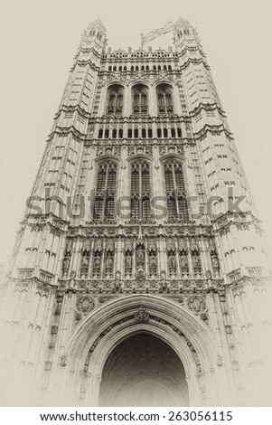 View of Architectural details of Palace of Westminster (known as Houses of Parliament) located on bank of River Thames in City of Westminster, London. Antique vintage.