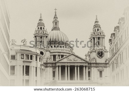 Close up of magnificent St. Paul Cathedral in London. It sits at top of Ludgate Hill - highest point in City of London. Cathedral was built by Christopher Wren between 1675 and 1711. Antique vintage.