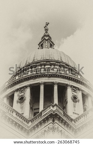 Close up of magnificent St. Paul Cathedral in London. It sits at top of Ludgate Hill - highest point in City of London. Cathedral was built by Christopher Wren between 1675 and 1711. Antique vintage.