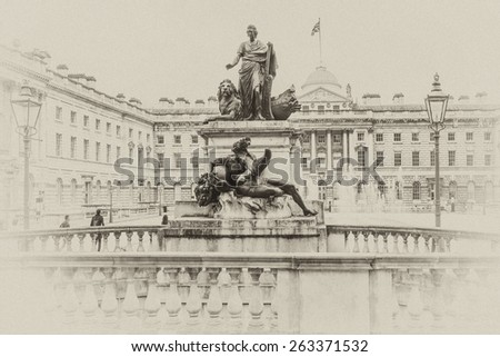 Somerset House - large Neoclassical building (design Sir William Chambers, 1776) in central London. Somerset House - one of major culture center in London. Antique vintage.