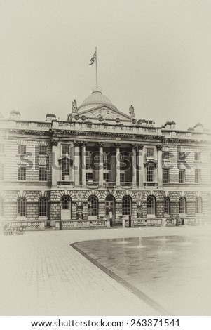 Somerset House - large Neoclassical building (design Sir William Chambers, 1776) in central London. Somerset House - one of major culture center in London. Antique vintage.