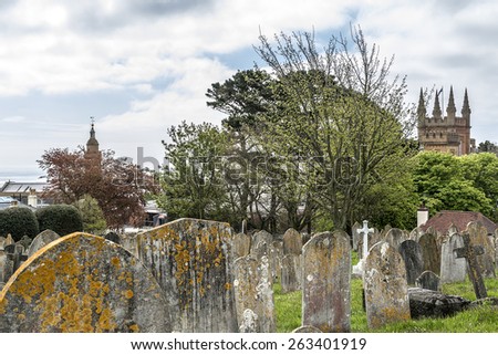 Candie Road Cemetery, not far from the Victoria Tower. Victoria Tower - famous monument in Saint Peter Port, Guernsey, erected in honor of visit by Queen Victoria and Prince Albert to island in 1846.