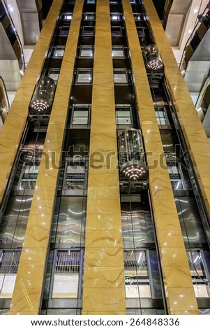 KIEV, UKRAINE - MARCH 28, 2015: Interior of shopping center Gulliver (130 stores, 8-storey atrium). Similar decisions were taken from most advanced projects implemented in Dubai, Hong Kong and London.