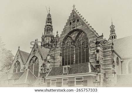 Old Church (Oude Kerk) - the oldest building and oldest parish church, founded in 1213, Amsterdam, Netherlands. It stands in De Wallen, now Amsterdam's main red-light district. Antique vintage.
