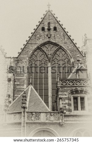 Old Church (Oude Kerk) - the oldest building and oldest parish church, founded in 1213, Amsterdam, Netherlands. It stands in De Wallen, now Amsterdam\'s main red-light district. Antique vintage.