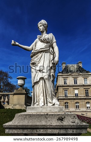 Antique Statue in Luxembourg garden (Jardin du Luxembourg). Jardin du Luxembourg is second largest Public Park in Paris, France. Park is garden of French Senate.