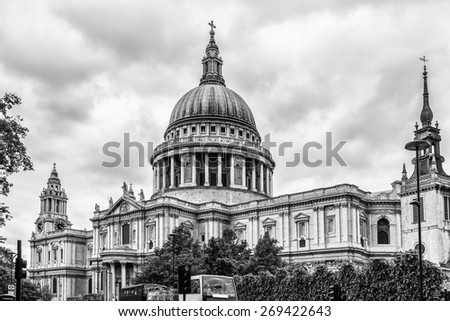 Close up of Magnificent St. Paul Cathedral in London. It sits at top of Ludgate Hill - highest point in City of London. Cathedral was built by Christopher Wren between 1675 and 1711. Black and white.