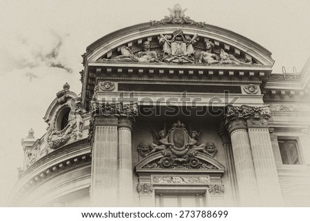 Architectural details of Opera National de Paris. Grand Opera (Garnier Palace) is famous neo-baroque building in Paris, France - UNESCO World Heritage Site. Antique vintage.