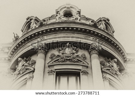 Architectural details of Opera National de Paris. Grand Opera (Garnier Palace) is famous neo-baroque building in Paris, France - UNESCO World Heritage Site. Antique vintage.