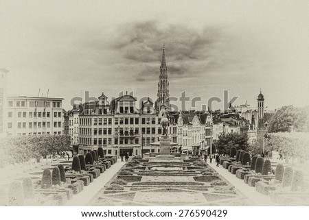 Famous Kunstberg or Mont des Arts (Mount of the arts) gardens. By end of 19th century, King Leopold II had idea to convert hill into a Mont des Arts gardens. Antique vintage.