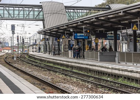 NEUSTADT, GERMANY - APRIL 20, 2015: View of railroad platform in Neustadt station. Neustadt-an-der-Weinstrasse - town in Rheinland-Pfalz, heart of German Wine Road (Deutsche Weinstrasse).