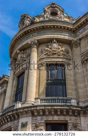 Architectural details of Opera National de Paris: West facade. Grand Opera (Garnier Palace) is famous neo-baroque building in Paris, France - UNESCO World Heritage Site.