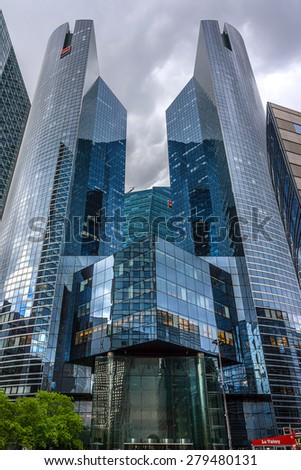 PARIS, FRANCE - MAY 13, 2014: View of Societe Generale headquarter (SG) in La Defense district, Paris. Societe Generale is a French multinational banking and financial services company.