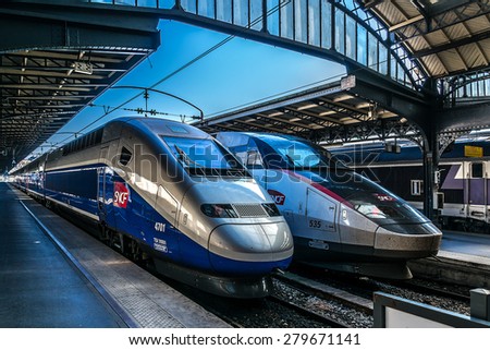 PARIS, FRANCE â?? APRIL 21, 2015: Interior of Gare de Paris-Est (Gare de l'Est, Eastern railway station) train station. It is one of largest and oldest railway stations in Paris, was opened in 1849.