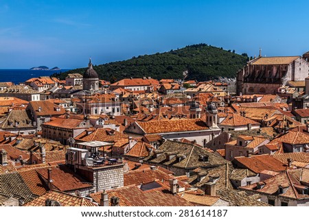 Dubrovnik panorama with traditional Mediterranean medieval houses with red tiled roofs. Dubrovnik on Adriatic Sea is one of most prominent tourist destinations, UNESCO World Heritage Site. Croatia.