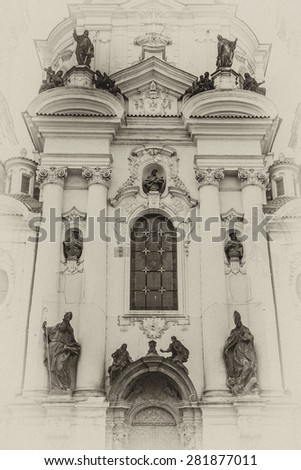 Church of Saint Nicholas (Saint Nicholas Cathedral) at Old Town Square, Prague, Czech Republic. Built in 1704 - 1755 it is described as most impressive example of Prague Baroque. Antique vintage.