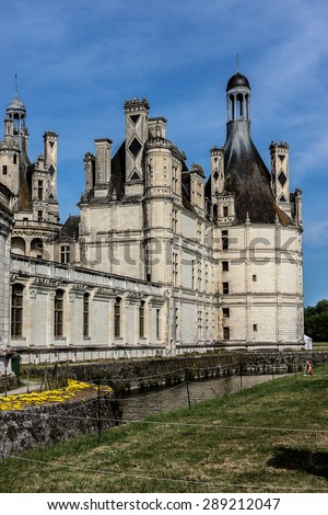 Chambord castle (1519, originally a \'hunting lodge\' for King Francois I) is largest of Loire Chateau. It distinct French architecture combines traditional defensive structures with classical Italian.