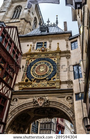 Gros Horloge - astronomical clock located in Gros Horloge street. Clock mechanism is one of oldest in France, movement was made in 1389. Rouen, France.