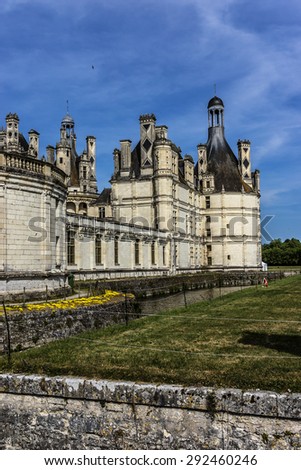 Chambord castle (1519, originally a \'hunting lodge\' for King Francois I) is largest of Loire Chateau. It distinct French architecture combines traditional defensive structures with classical Italian.