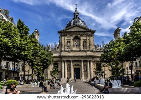 PARIS, FRANCE - JUNE 10, 2015: Sorbonne square and Sorbonne edifice. Name is derived from College de Sorbonne (1257) by Robert de Sorbon as one of first colleges of medieval University in Paris.