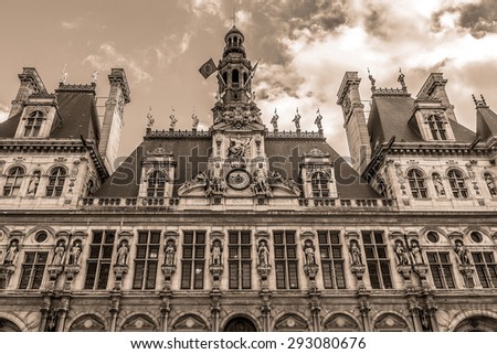 Hotel-de-Ville (City Hall) in Paris - building housing City of Paris's administration. Building was constructed between 1874 -1882, architects Theodore Ballou and Edouard Deperta. France. Vintage.