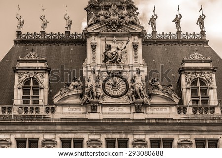 Hotel-de-Ville (City Hall) in Paris - building housing City of Paris\'s administration. Building was constructed between 1874 -1882, architects Theodore Ballou and Edouard Deperta. France. Vintage.