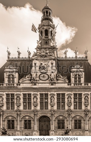 Hotel-de-Ville (City Hall) in Paris - building housing City of Paris's administration. Building was constructed between 1874 -1882, architects Theodore Ballou and Edouard Deperta. France. Vintage.