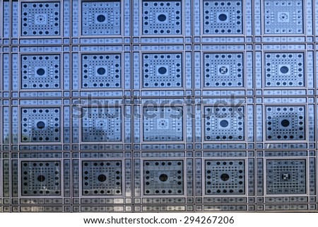 Arab World Institute (Institut du Monde Arabe) building. Institute - organization founded in Paris in 1980 by 18 Arab countries to research information about Arab world. France. Detail of building.
