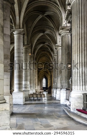 PARIS, FRANCE - JUNE 2, 2015: Interior of Saint Nicolas des Champs Church (Eglise Saint-Nicholas-des-Champs) was part of former Abbey of Saint Martin des Champs. It was built after 1420.
