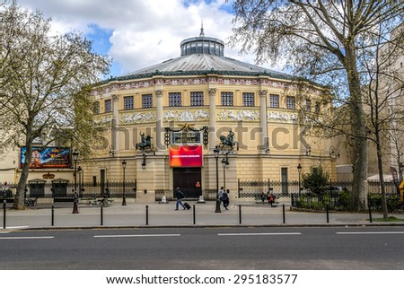 PARIS, FRANCE - APRIL 12, 2015: View of Cirque d'Hiver (Winter Circus). Theatre was designed by architect Jacques Ignace Hittorff and was opened by Emperor Napoleon III in 1852 as Cirque Napoleon.