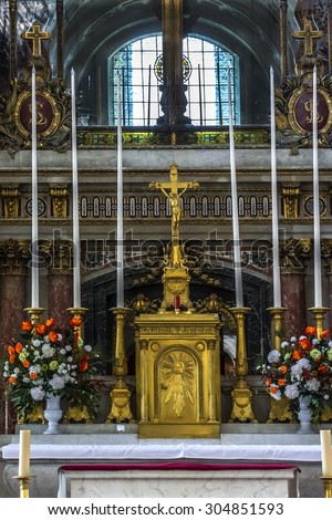 PARIS, FRANCE - JUNE 11, 2015: Interiors of Chapel of Saint Louis des Invalides in Paris. Chapel built in 1679 is the burial site for some of France's war heroes, notably Napoleon Bonapart.