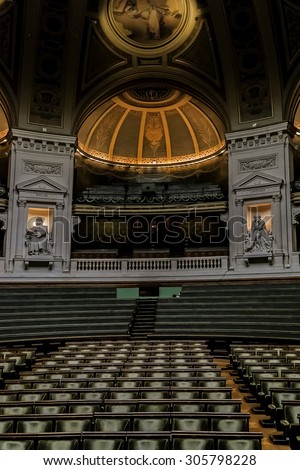 PARIS, FRANCE - SEPTEMBER 14, 2013: Interior of Sorbonne University. Name is derived from College de Sorbonne, founded by Robert de Sorbon (1257) - one of first colleges of medieval University.