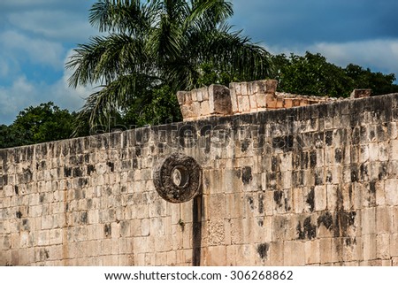 Famous Stone Ring located 9 m above the floor of the Great Ball Court. Chichen Itza archaeological site, Yucatan, Mexico.