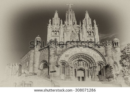 Expiatory Church of Jesus Sacred Heart (Temple Expiatori del Sagrat Cor) - Roman Catholic church and minor basilica located on summit of Mount Tibidabo in Barcelona, Catalonia, Spain. Antique vintage.