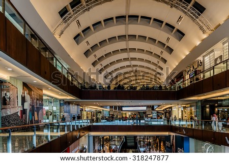 DUBAI, UNITED ARAB EMIRATES - SEPTEMBER 7, 2015: Interior of Dubai Mall - world\'s largest shopping mall based on total area and sixth largest by gross leasable area. UAE.